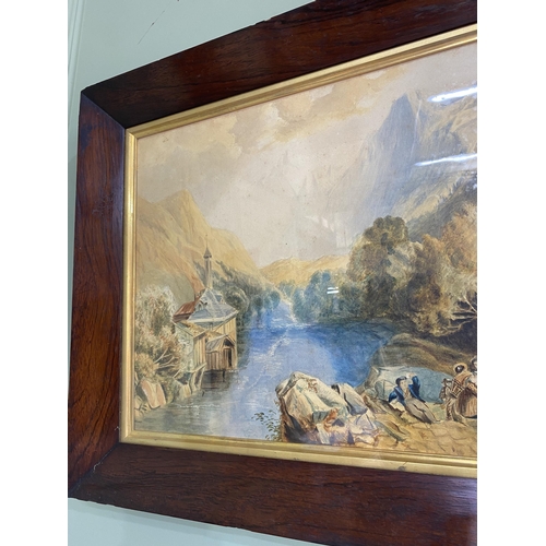 602 - 19th C. mountain scene oil on canvas mounted in rosewood frame {49 cm H x 65 cm W}.