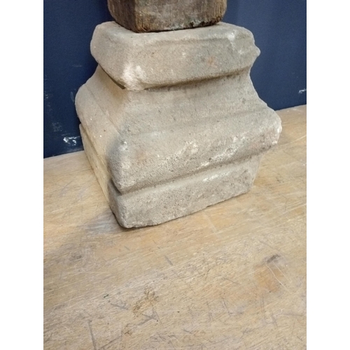 606 - Pair of 18th C wooden columns with corinthian wooden crown on sandstone base {H 220cm x W 30cm x D 3... 