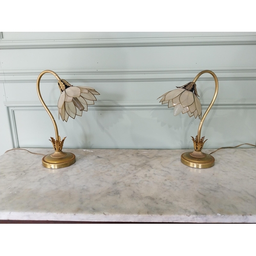 61 - Pair of 1950s gilded brass table lamps with tulip glass shades {35 cm H x 25 cm W x 17 cm D}.