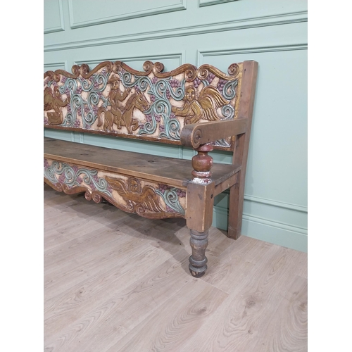 616 - South American carved painted pine hall bench raised on turned legs {106 cm H x 199 cm W x 64 cm D}.