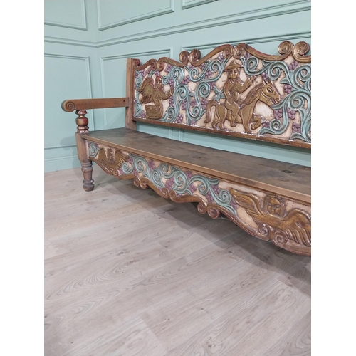 616 - South American carved painted pine hall bench raised on turned legs {106 cm H x 199 cm W x 64 cm D}.