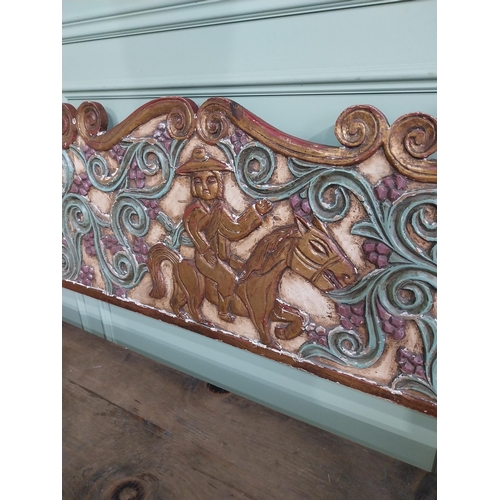 616 - South American carved painted pine hall bench raised on turned legs {106 cm H x 199 cm W x 64 cm D}.