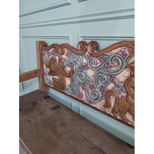 616 - South American carved painted pine hall bench raised on turned legs {106 cm H x 199 cm W x 64 cm D}.