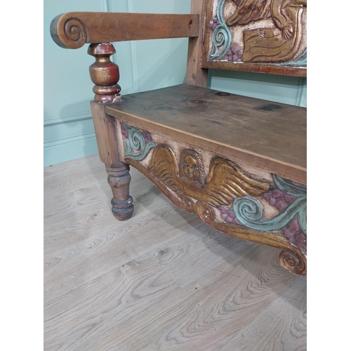 616 - South American carved painted pine hall bench raised on turned legs {106 cm H x 199 cm W x 64 cm D}.