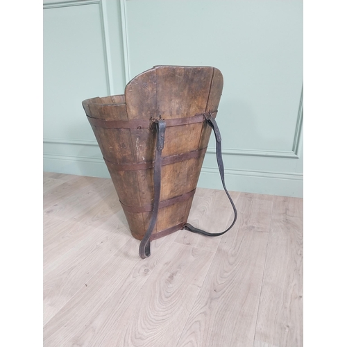 621 - 19th C. French pine metal bound grape carrier - log bucket {70 cm H x 54 cm W x 43 cm D}.