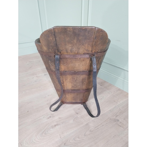 621 - 19th C. French pine metal bound grape carrier - log bucket {70 cm H x 54 cm W x 43 cm D}.