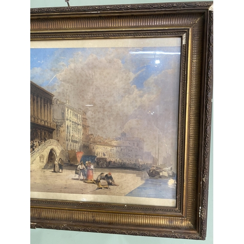 625 - 19th C. Ponte di Rialto Venice watercolour signed  W/C 1851 mounted in giltwood frame {52 cm H x 64 ... 