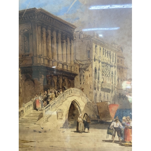 625 - 19th C. Ponte di Rialto Venice watercolour signed  W/C 1851 mounted in giltwood frame {52 cm H x 64 ... 