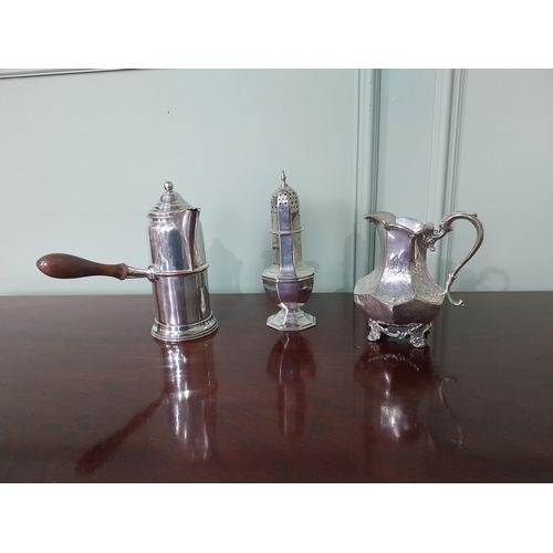 64 - Three pieces of silverplate - milk jug, pepper shaker and chocolate jug {18 cm H x 20 cm W x 11 cm D... 