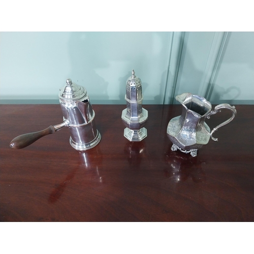 64 - Three pieces of silverplate - milk jug, pepper shaker and chocolate jug {18 cm H x 20 cm W x 11 cm D... 