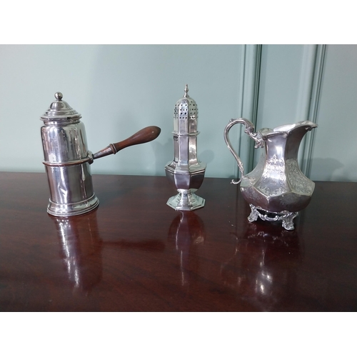 64 - Three pieces of silverplate - milk jug, pepper shaker and chocolate jug {18 cm H x 20 cm W x 11 cm D... 