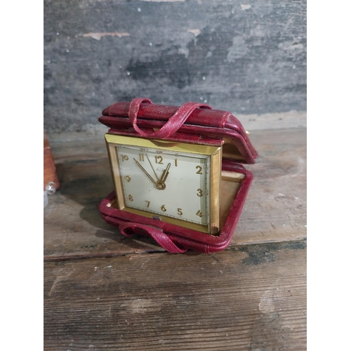 641 - Early 20th C. brass weights, thermometer and clock.