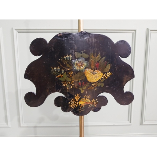 645 - 19th C. mahogany and brass pole screen with painted lacquered shield {144 cm H x 42 cm W}.