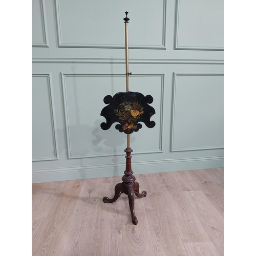 645 - 19th C. mahogany and brass pole screen with painted lacquered shield {144 cm H x 42 cm W}.