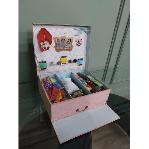 646 - French child's haberdashery set in case {11 cm H x 33 cm W x 28 cm D}.