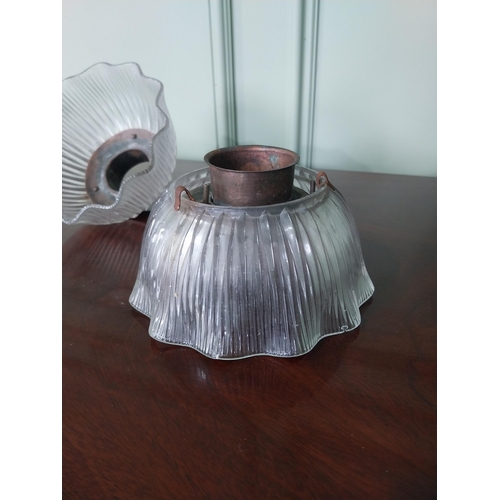 657 - Set of three Holophane glass light shades with original copper galleries {9 cm H x 15 cm Dia.}.