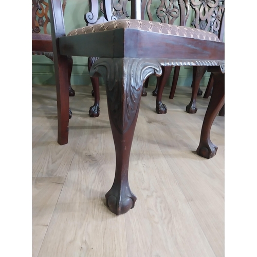 658 - Set of ten Edwardian mahogany dining room chairs with upholstered seats raised on cabriole legs in t... 