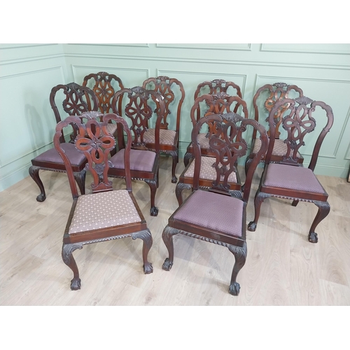 658 - Set of ten Edwardian mahogany dining room chairs with upholstered seats raised on cabriole legs in t... 