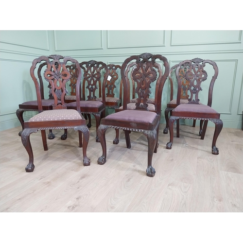 658 - Set of ten Edwardian mahogany dining room chairs with upholstered seats raised on cabriole legs in t... 