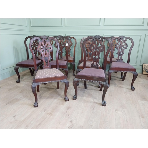 658 - Set of ten Edwardian mahogany dining room chairs with upholstered seats raised on cabriole legs in t... 