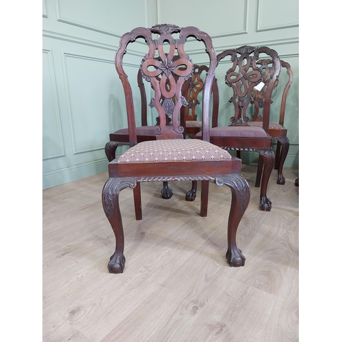 658 - Set of ten Edwardian mahogany dining room chairs with upholstered seats raised on cabriole legs in t... 