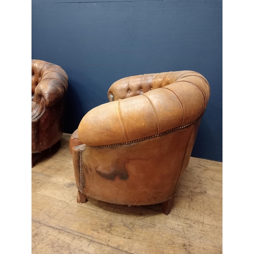 664 - Pair of deep button leather French club style armchairs  {H 75cm x W 90cm x D 75cm } - NOT AVAILABLE... 