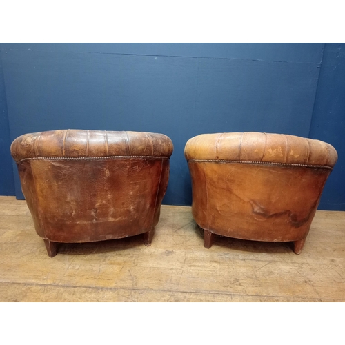 664 - Pair of deep button leather French club style armchairs  {H 75cm x W 90cm x D 75cm } - NOT AVAILABLE... 