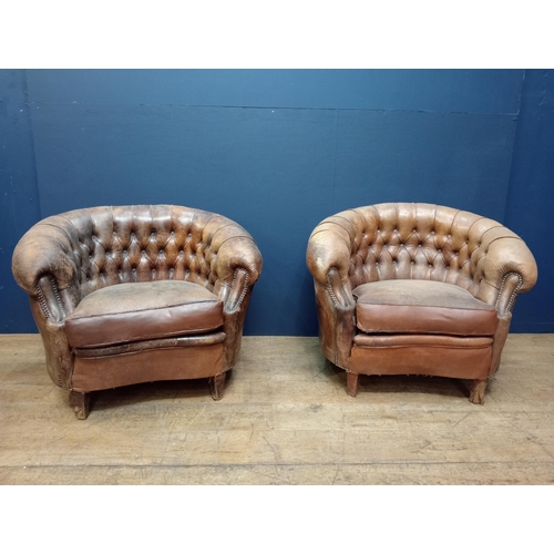 664 - Pair of deep button leather French club style armchairs  {H 75cm x W 90cm x D 75cm } - NOT AVAILABLE... 