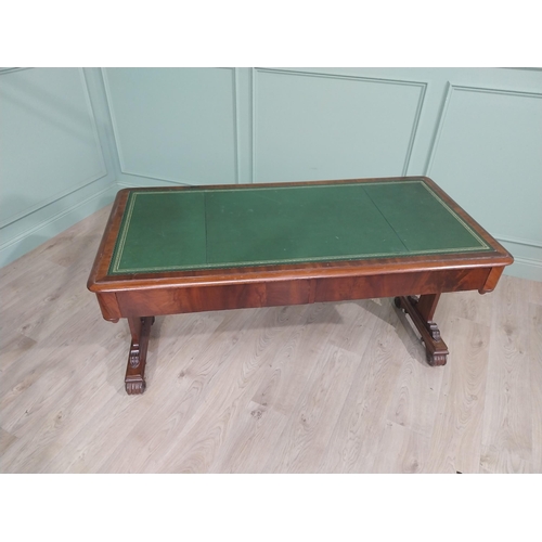 671 - William IV mahogany library table with inset leather top raised on single stretcher and lions paw fe... 