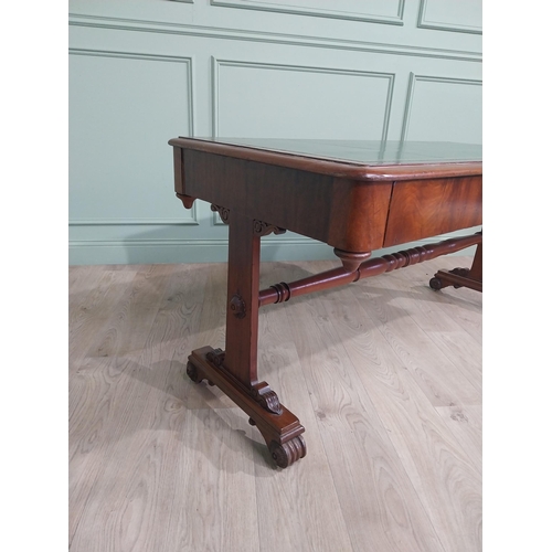 671 - William IV mahogany library table with inset leather top raised on single stretcher and lions paw fe... 