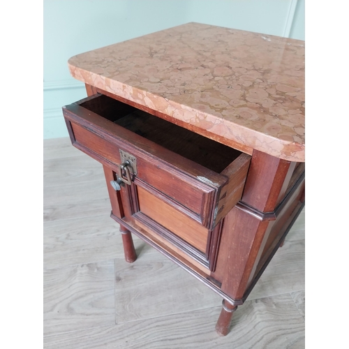 673 - Edwardian mahogany bedside locker with marble top and single drawer over blind door raised on turned... 