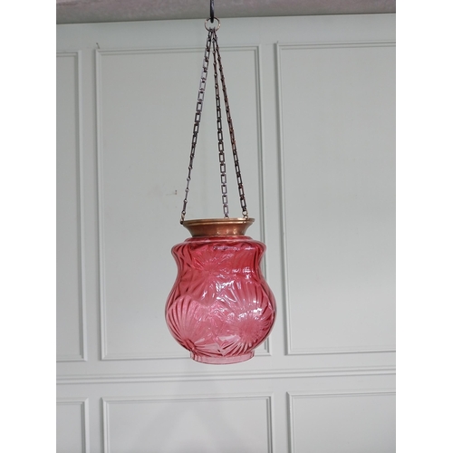 688 - Edwardian ruby glass hanging shade with original brass gallery {Drop 56 cm H x 18 cm Dia.}.