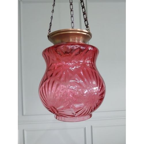 688 - Edwardian ruby glass hanging shade with original brass gallery {Drop 56 cm H x 18 cm Dia.}.