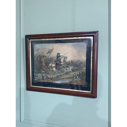 69 - 19th C. King William crossing the Boyne coloured print mounted in faux rosewood frame {64 cm H x 79 ... 