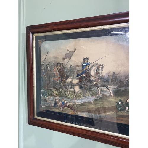 69 - 19th C. King William crossing the Boyne coloured print mounted in faux rosewood frame {64 cm H x 79 ... 