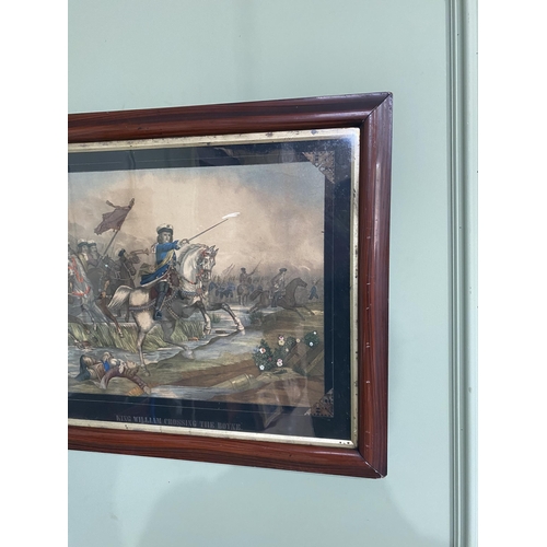 69 - 19th C. King William crossing the Boyne coloured print mounted in faux rosewood frame {64 cm H x 79 ... 