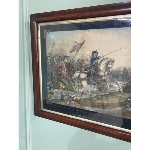 69 - 19th C. King William crossing the Boyne coloured print mounted in faux rosewood frame {64 cm H x 79 ... 