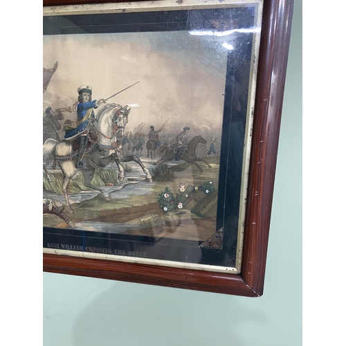 69 - 19th C. King William crossing the Boyne coloured print mounted in faux rosewood frame {64 cm H x 79 ... 