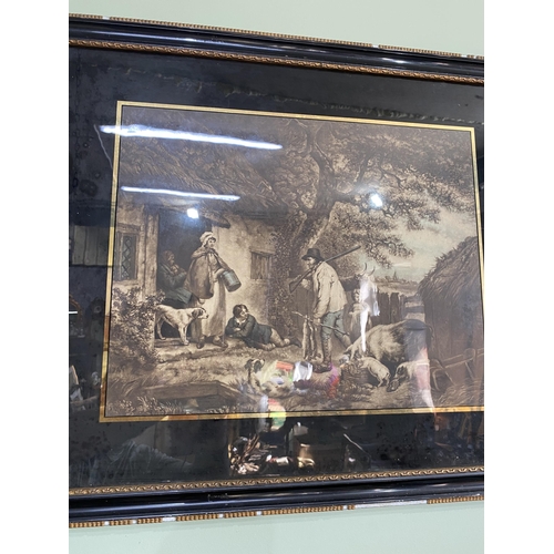 691 - Pair of 19th C. Cottage scenes coloured engravings mounted in gilt and ebonised frames {61 cm H x 73... 