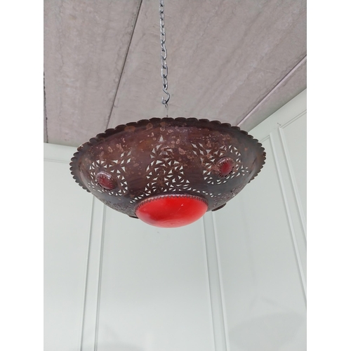 703 - Unusual Moroccan metal hanging celling light {40 cm H  x 35 cm Dia.}.