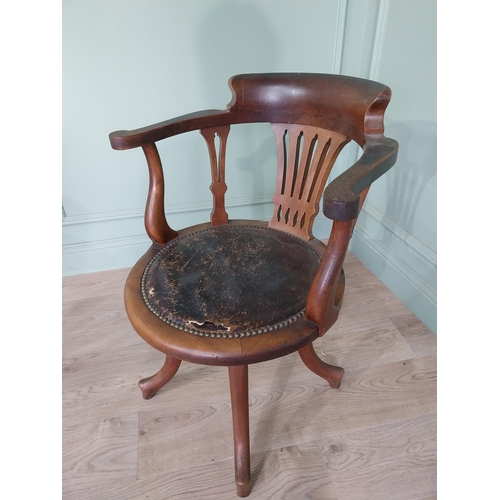 714 - Edwardian mahogany revolving desk chair with leather upholstered seat {82 cm H x 60 cm W x 60 cm D].