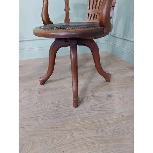 714 - Edwardian mahogany revolving desk chair with leather upholstered seat {82 cm H x 60 cm W x 60 cm D].