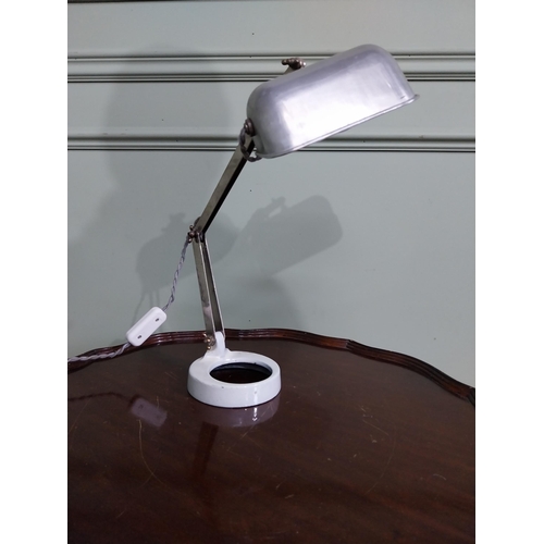 715 - Early 20th C. chrome desk lamp raised on ceramic base {40 cm H x 32 cm W x 20 cm D}.