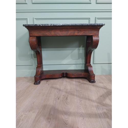 719 - William IV French flamed mahogany console table with marble top and single drawer in the frieze rais... 