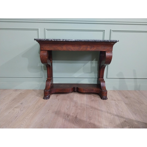 719 - William IV French flamed mahogany console table with marble top and single drawer in the frieze rais... 