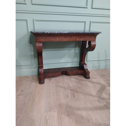 719 - William IV French flamed mahogany console table with marble top and single drawer in the frieze rais... 