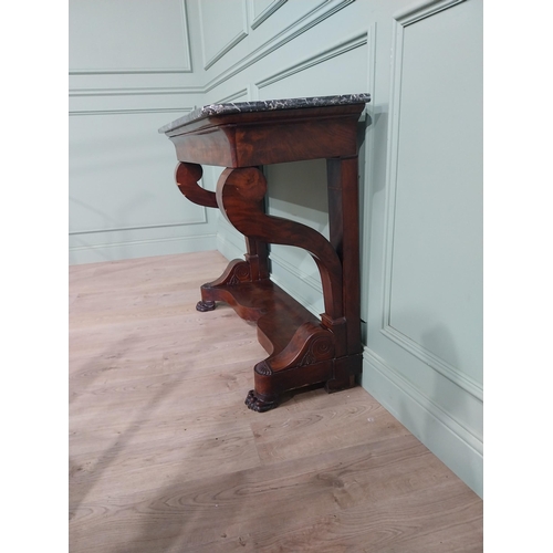 719 - William IV French flamed mahogany console table with marble top and single drawer in the frieze rais... 