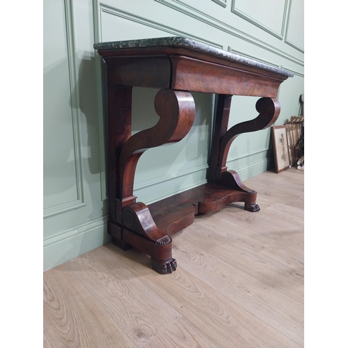 719 - William IV French flamed mahogany console table with marble top and single drawer in the frieze rais... 