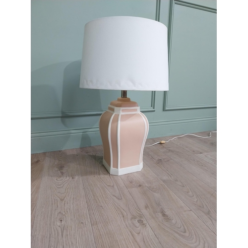 721 - Pair of painted terracotta table lamps with cloth shades {70 cm H x 42 cm Dia.}.