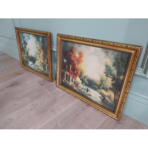 726 - Pair of vintage French coloured prints mounted in gilt frames {36 cm H x 46 cm W}.